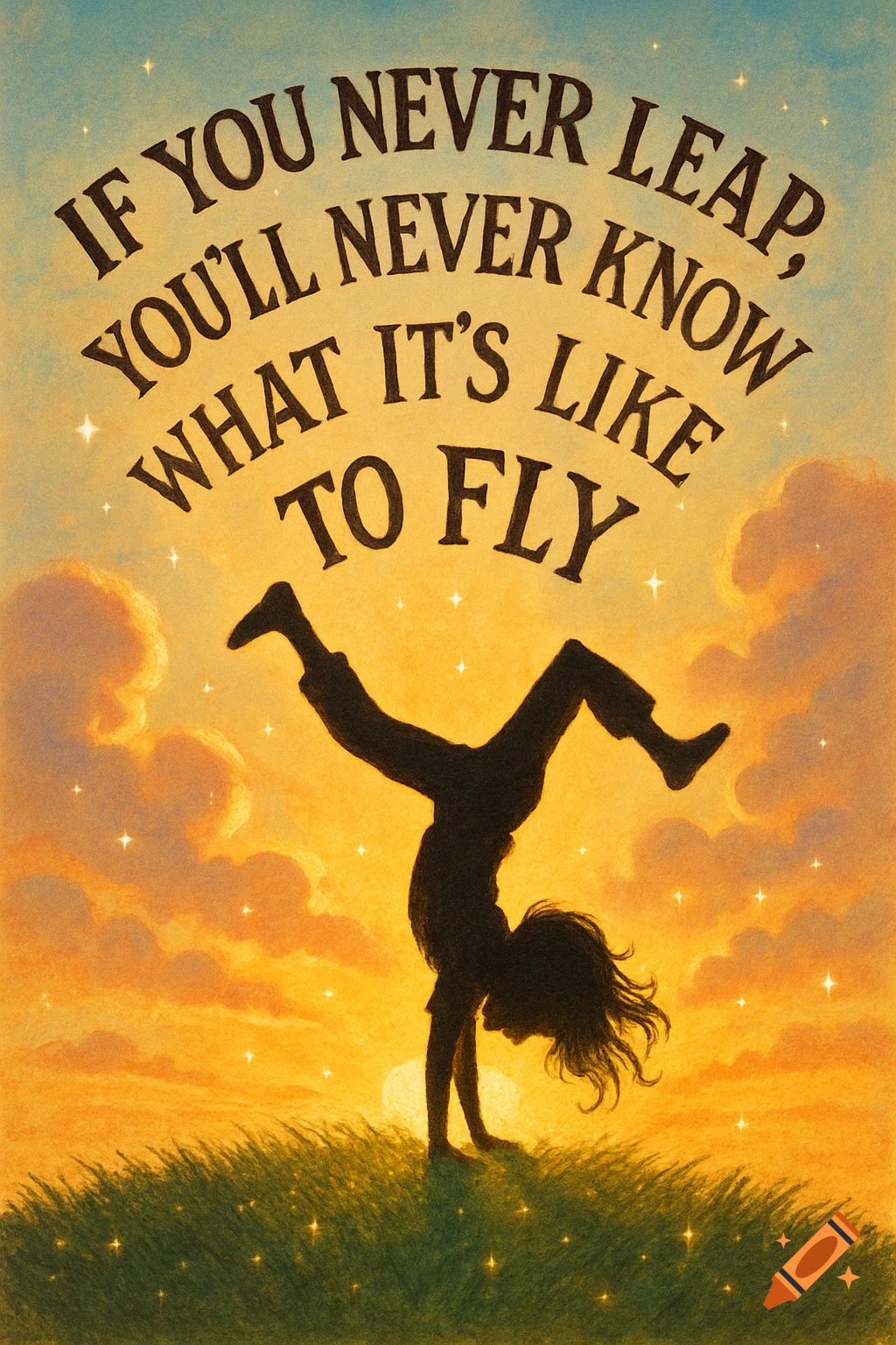 Silhouette doing a handstand on a grassy hill at sunset, with stars and inspirational text: 'If you never leap, you’ll never know what it’s like to fly.'