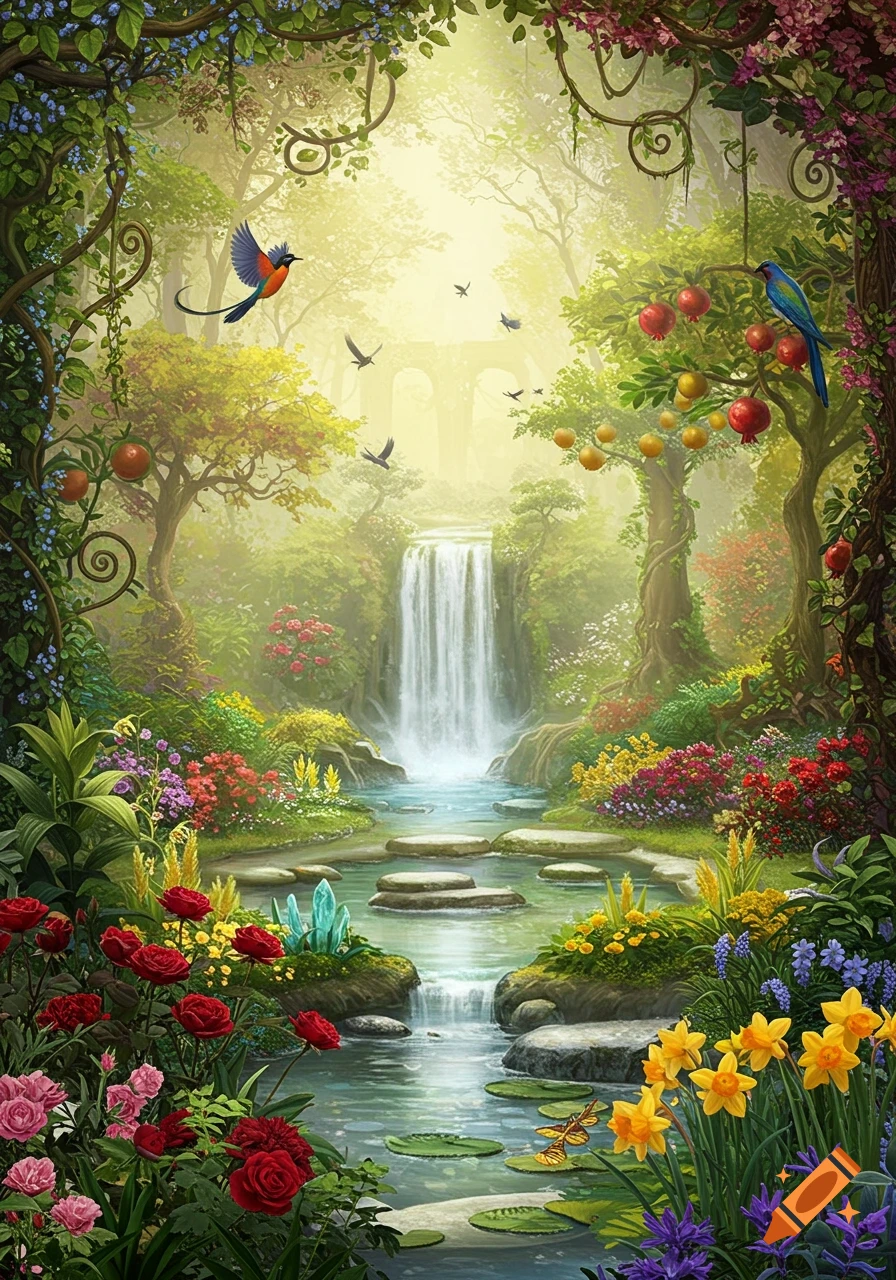 A vibrant, detailed fantasy garden featuring a waterfall, winding stream, colorful flowers, fruit trees, and birds in a lush forest.