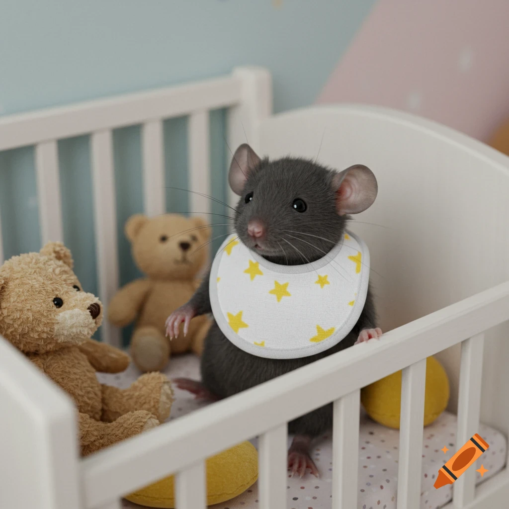 A photorealistic dark gray baby mouse in a star-patterned bib stands in a white crib with teddy bears.