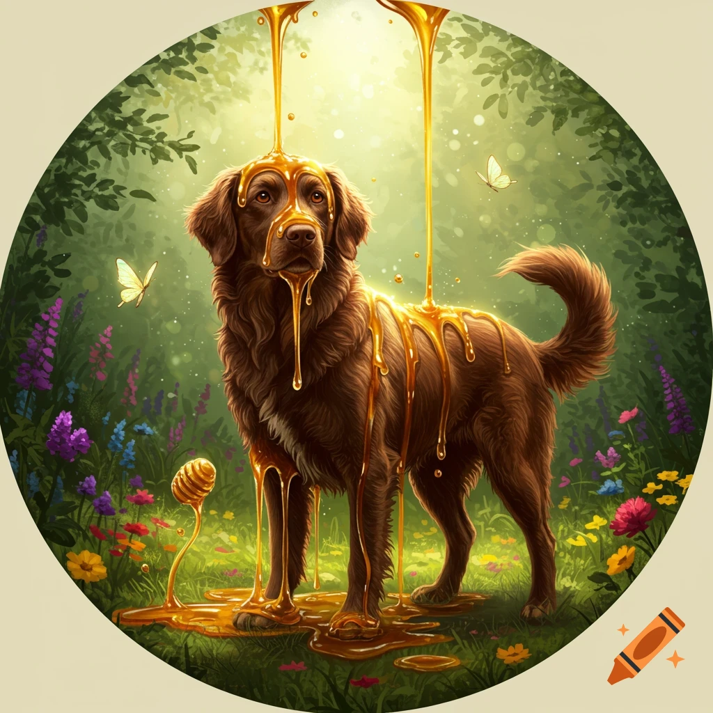 Brown dog covered in golden honey stands in a vibrant forest meadow with flowers and butterflies, surreal illustration.