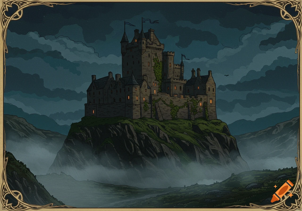 An old, dark castle sits atop a rocky hill, surrounded by mist and dark clouds, with glowing windows and an ornate border.