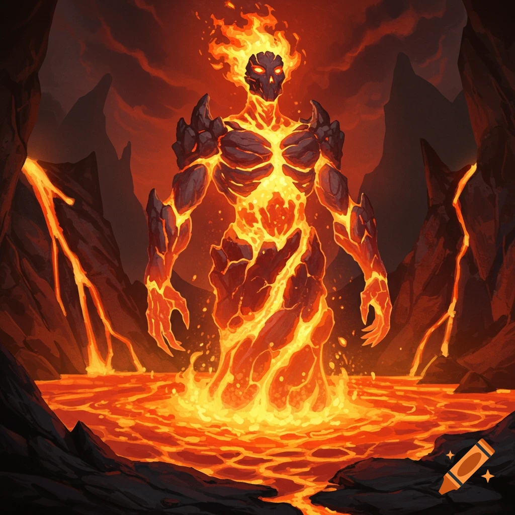 A towering lava elemental with a skull-like face and rocky armor, standing in a flowing river of molten lava within a fiery cave.