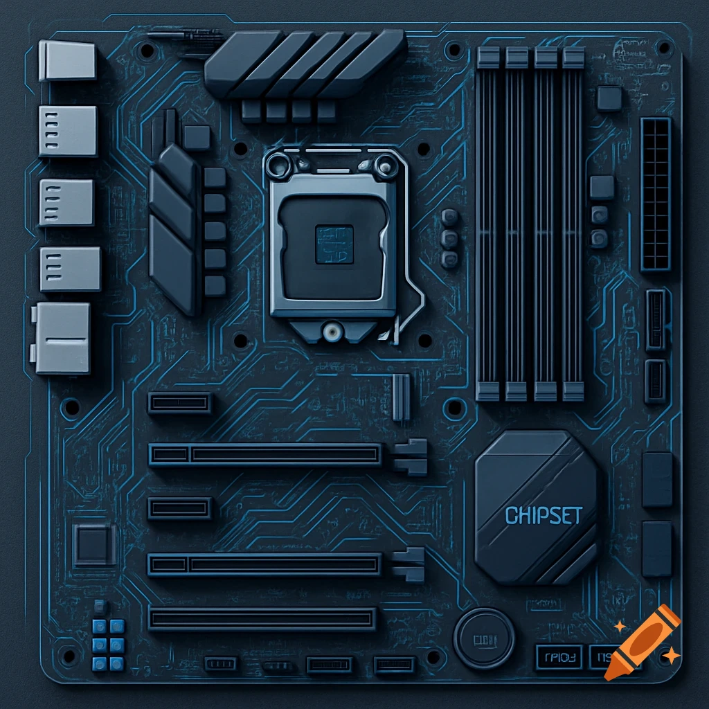 An overhead, stylized view of a computer motherboard, rendered in dark blue and gray tones with glowing blue circuit lines.