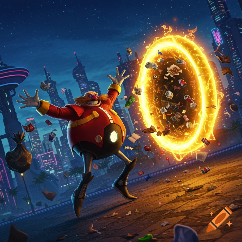 Dr. Robotnik grins while seemingly throwing trash into a glowing yellow portal on a futuristic city street at night in a vibrant digital illustration.