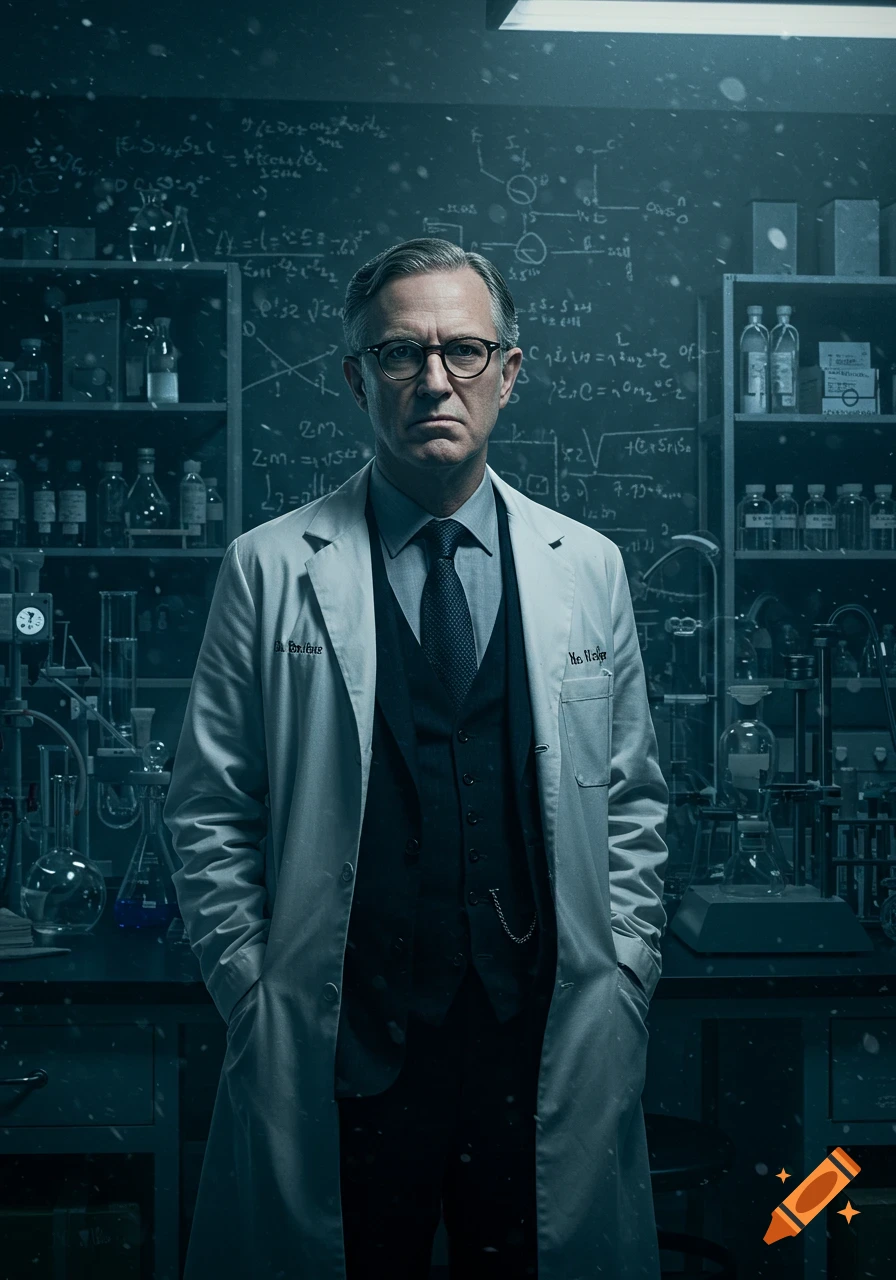 A serious scientist, Dr. Whitmore, stands in a dimly lit laboratory, wearing a white lab coat and glasses. Formulas are on a blackboard behind him.