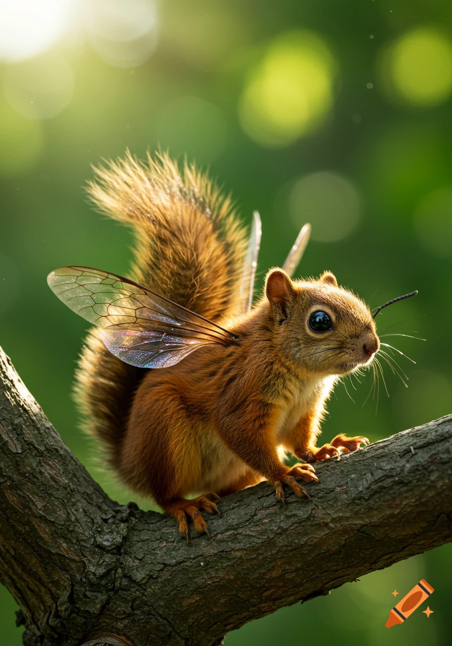 Photorealistic squirrel with bee wings and antennae on a tree branch, bathed in sunlight against a green bokeh background.