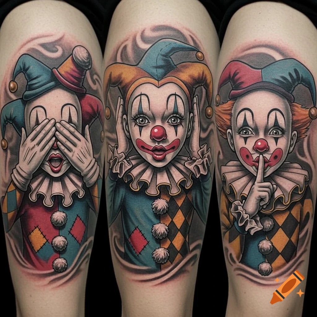 Three stylized clown tattoos on an arm, depicting 'see no evil, hear no evil, speak no evil' in colorful, detailed art.