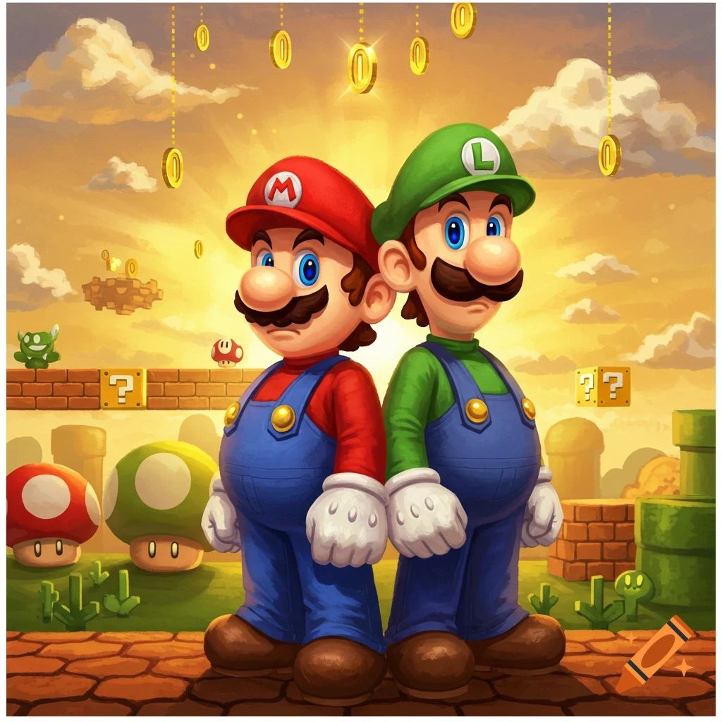 Mario and Luigi stand side-by-side in a vibrant Super Mario level with a golden sky, floating coins, and question blocks.
