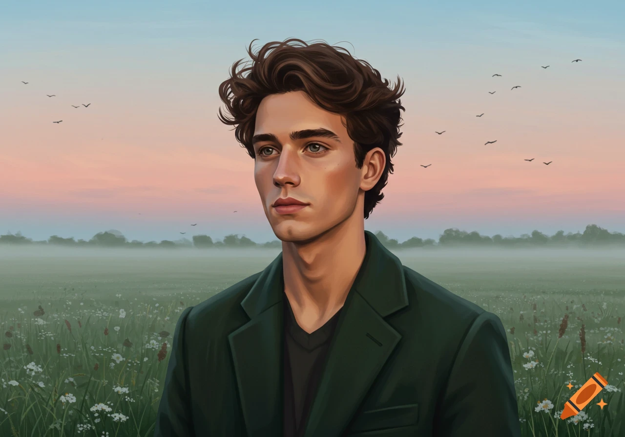 Illustrated portrait of a young man with curly hair in a field at sunset, with distant mist and birds.