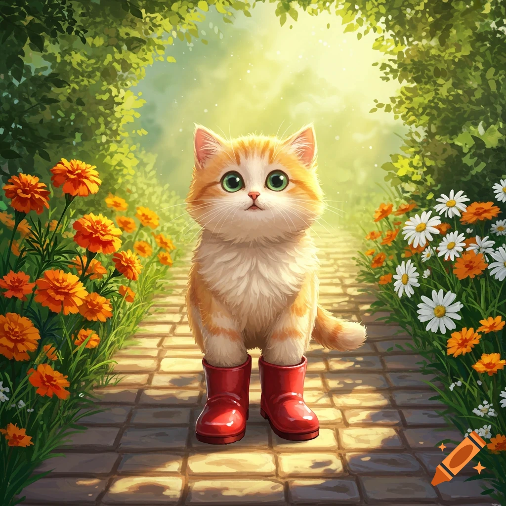 A cute cartoon ginger tabby cat in red rain boots stands on a stone path, surrounded by colorful flowers in a bright garden.