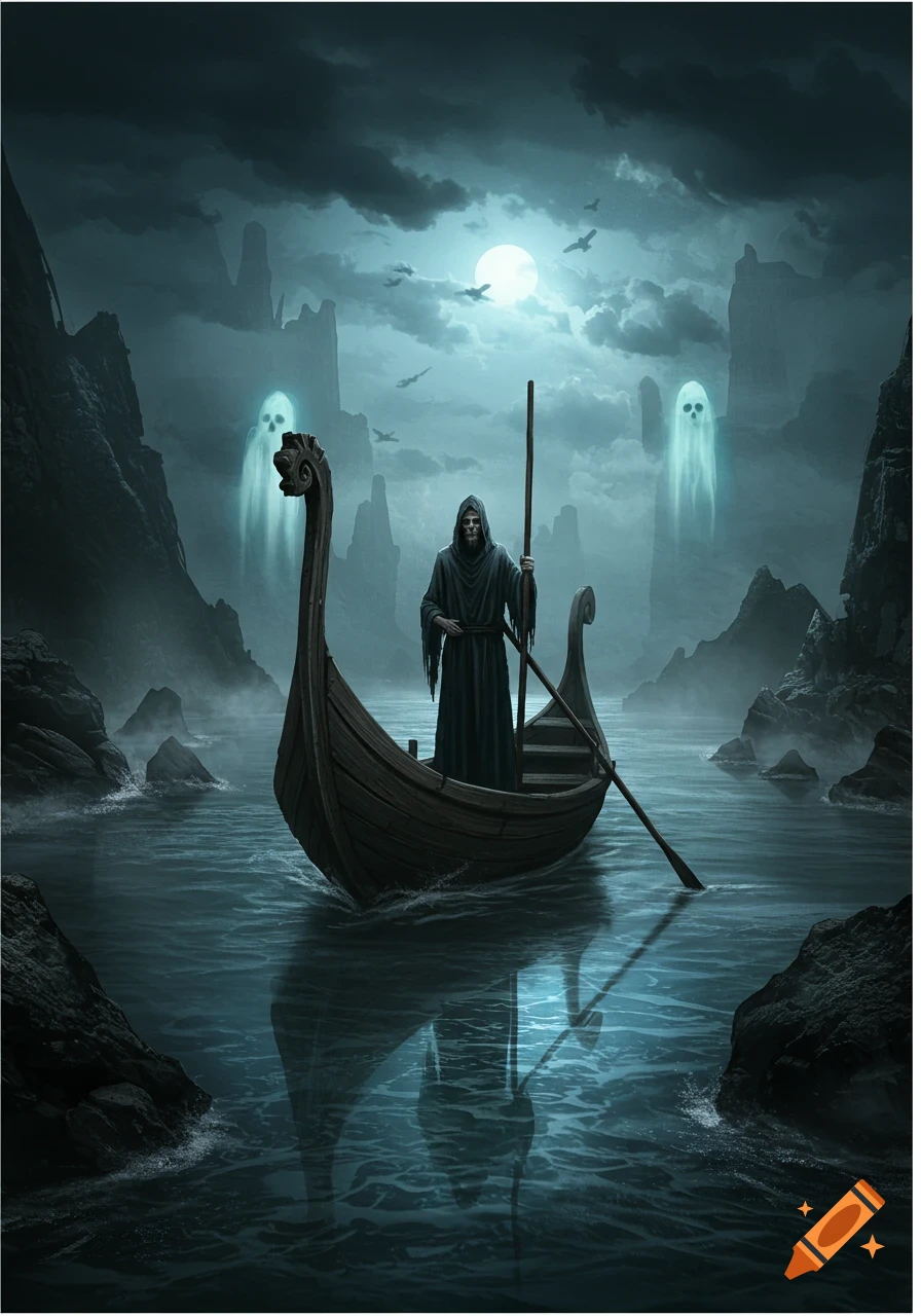 A grim ferryman in a boat on a dark, misty river, with glowing ghosts, a full moon, and craggy cliffs under a stormy sky in dark fantasy art.