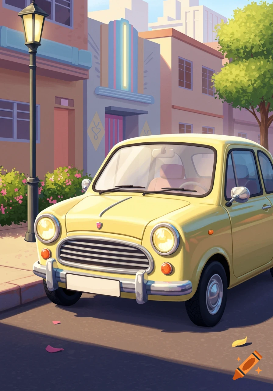 An illustration of a bright yellow vintage-style car parked on a sunny city street with buildings and foliage in the background.