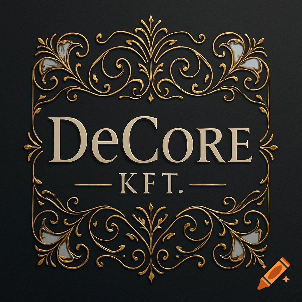 Golden ornamental logo with 'DeCoRE KFT.' text on a dark background.