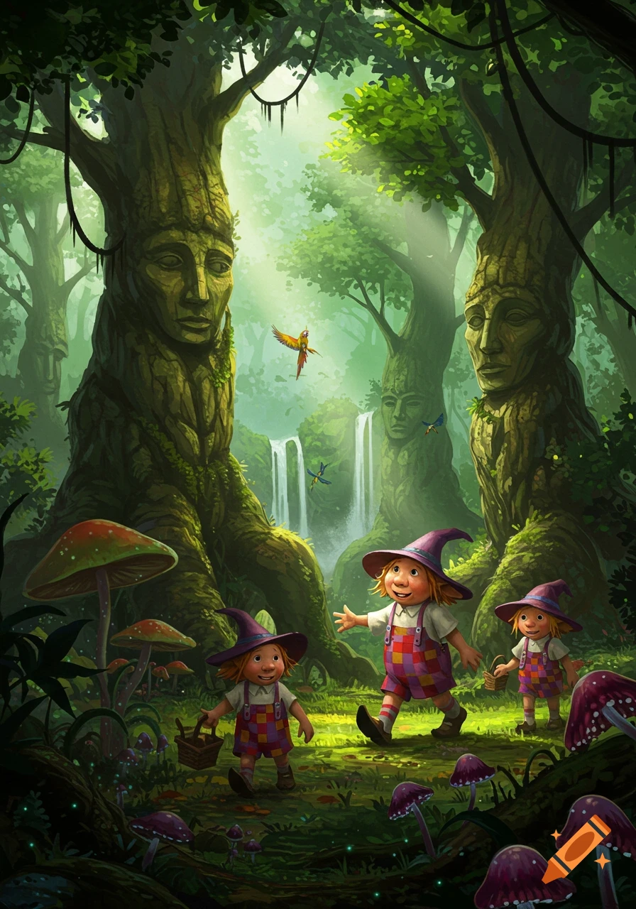 Three gnome-like children with pointy hats walk through a magical, luminous rainforest with giant tree-faces, waterfalls, and colorful mushrooms.