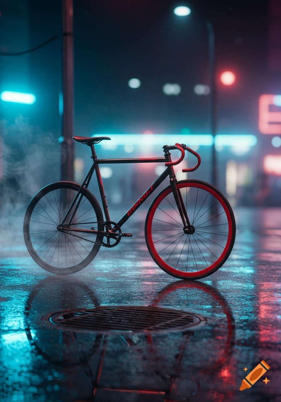 Photorealistic image of a black bicycle with red rims and handlebars on a wet city street at night with neon lights and steam.