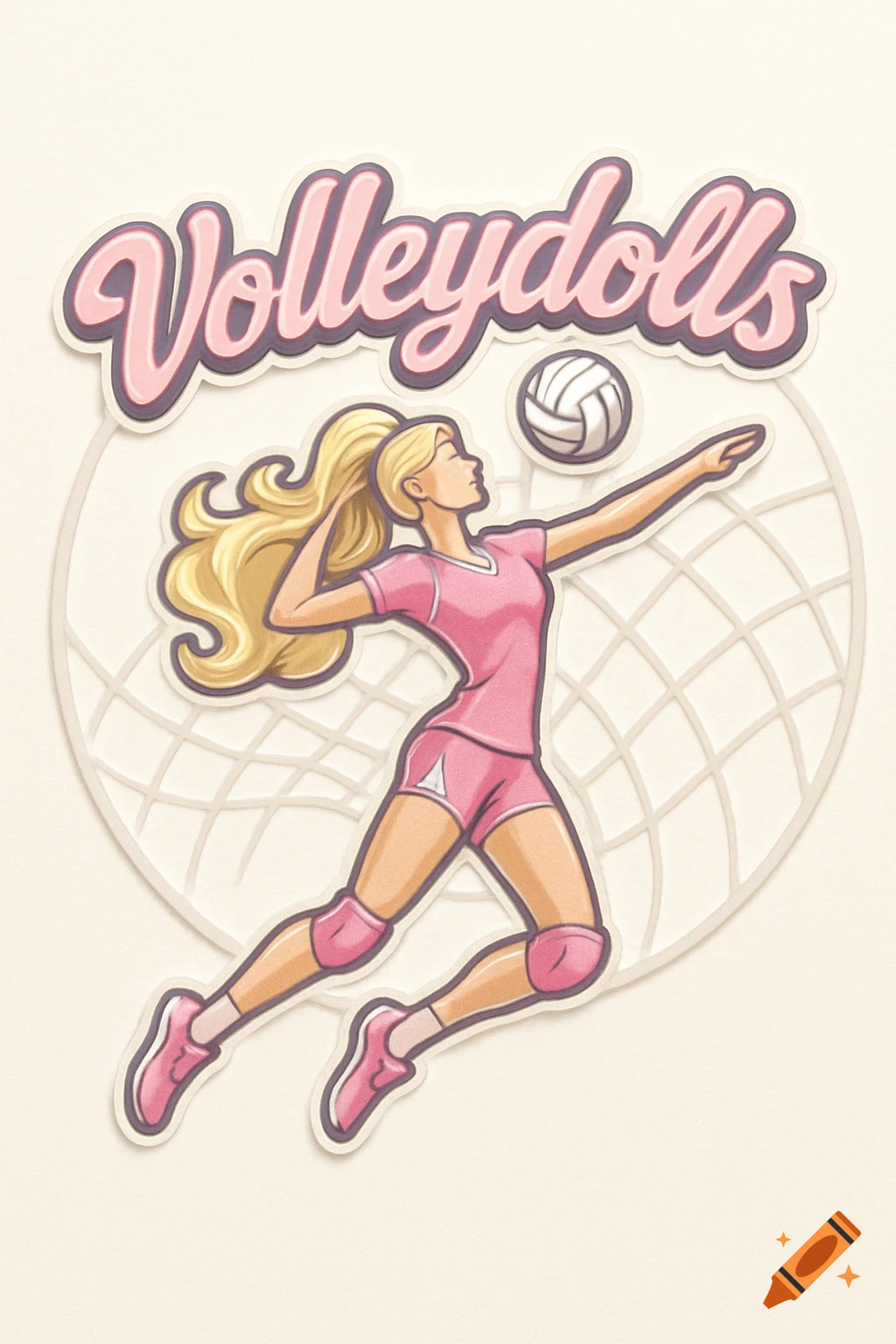 A stylized logo of a blonde female volleyball player in pink uniform hitting a ball, with "Volleydolls" text above.