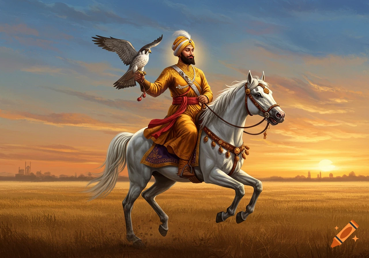 A majestic man in a turban and gold attire rides a white horse through a golden field at sunset, holding a falcon.