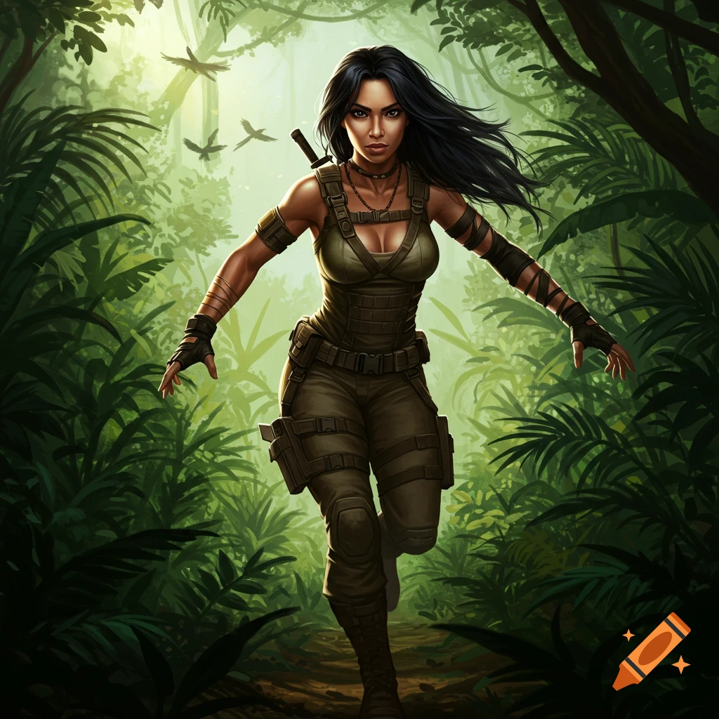 A dark-haired warrior woman in tactical gear runs through a lush green jungle, digital art.