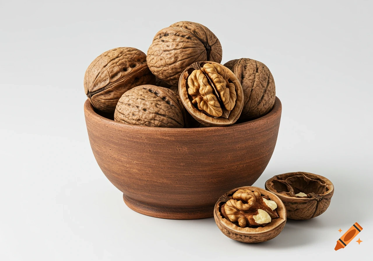 A ceramic bowl filled with whole and cracked walnuts on a white background, captured in a photorealistic studio style.