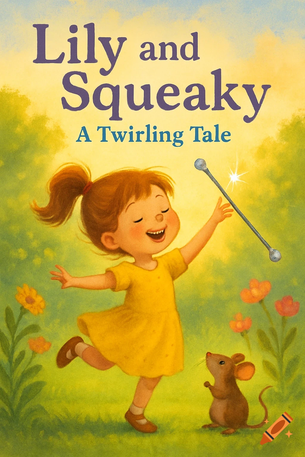 A joyful cartoon girl in a yellow dress twirls a shining baton in a sunny garden as a mouse looks on. Book cover style.