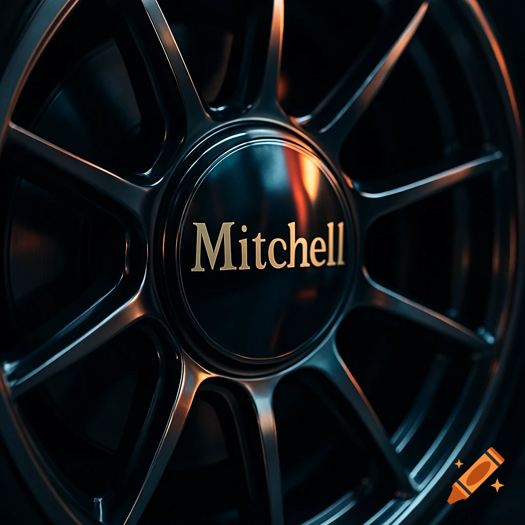 A close-up, photorealistic shot of a dark grey mag wheel, with the name 'Mitchell' in gold lettering on its central hubcap.