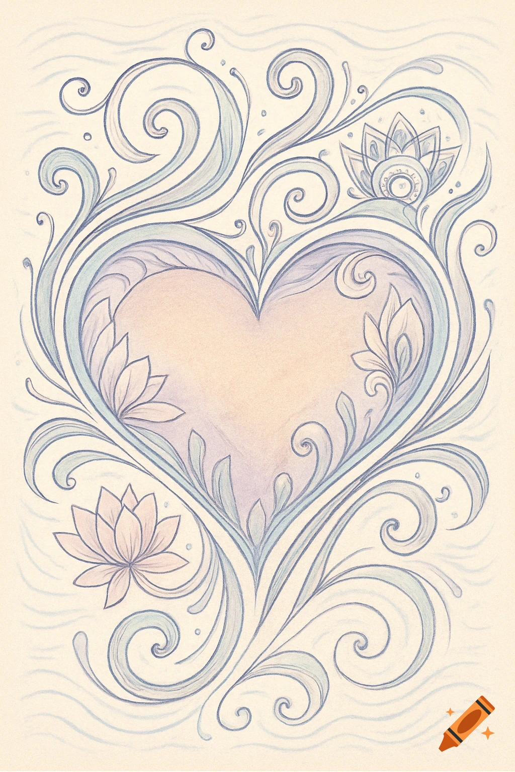 Stylized illustration of a large heart surrounded by delicate blue and green swirls and lotus flowers on a textured cream background.