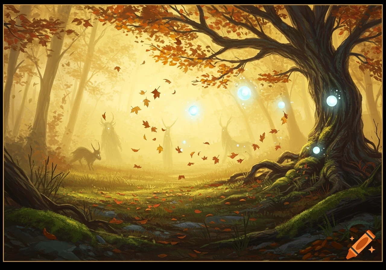 A mystical autumn forest digital painting with an ancient tree, falling leaves, glowing orbs, a deer, and ghostly figures in the mist.