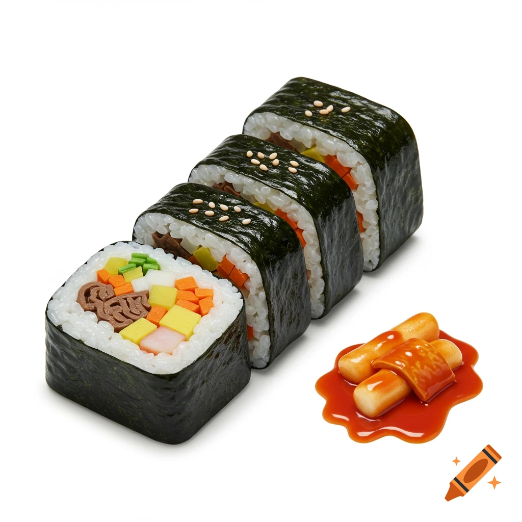 Four slices of kimbap with sesame seeds and a small serving of tteokbokki in red sauce on a white background. Photorealistic style.