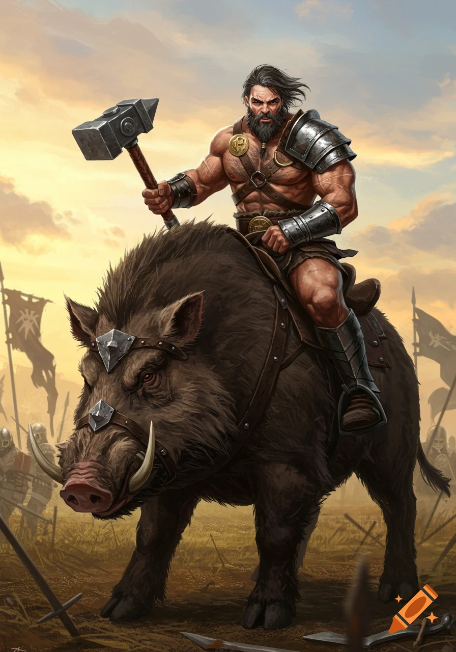A muscular barbarian warrior with a beard and armor, holding a hammer, riding a large armored boar through a battlefield.