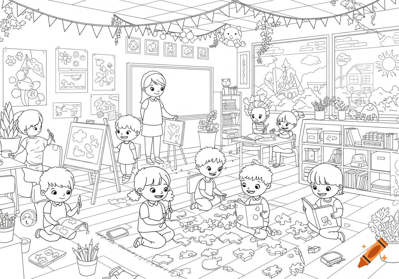 A black and white line art illustration of a primary school classroom filled with children engaged in various activities like painting, reading, and doing a puzzle, with a teacher standing by a whiteboard.