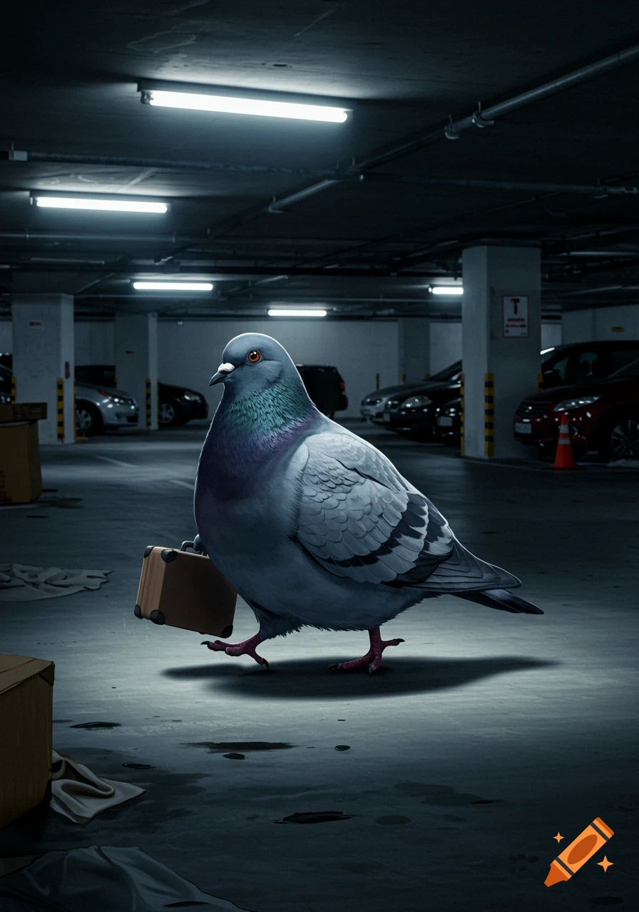 A large, photorealistic pigeon walks through a dark parking garage, holding a small brown suitcase.