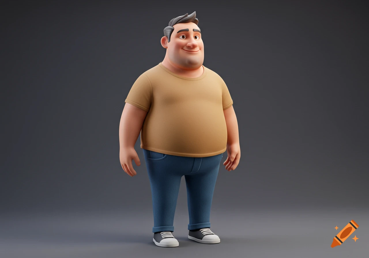 Full-body 3D cartoon man with a big belly, wearing a tan t-shirt, blue jeans, and sneakers, smiling against a gray background.