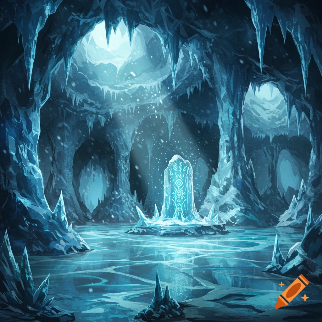 A vibrant, icy blue fantasy cave with jagged stalactites, a frozen lake, and a glowing, crystalline monument at its center.