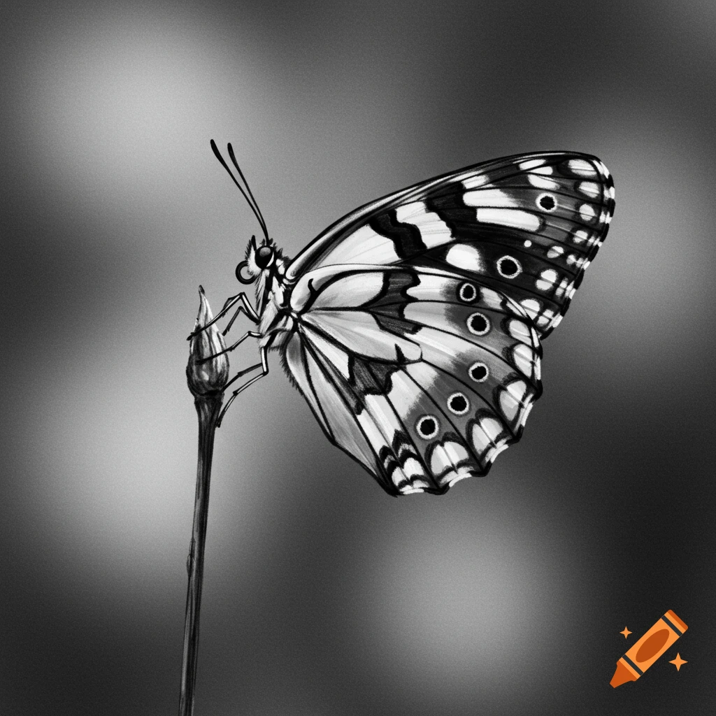 A close-up, black and white side view of a butterfly with patterned wings resting on a slender plant stem.