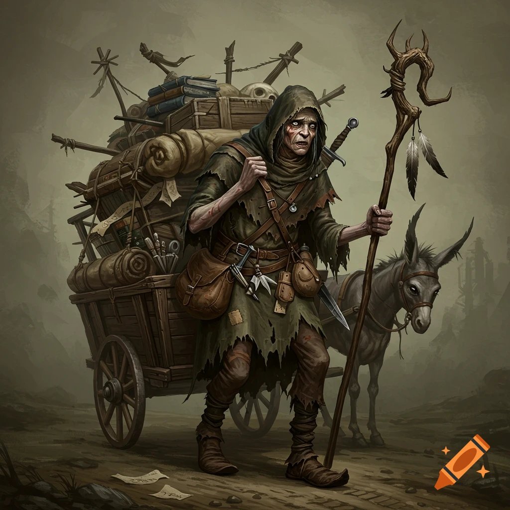 A weary, hooded wanderer with a staff, followed by a mule pulling a packed cart, in a dark fantasy illustration.