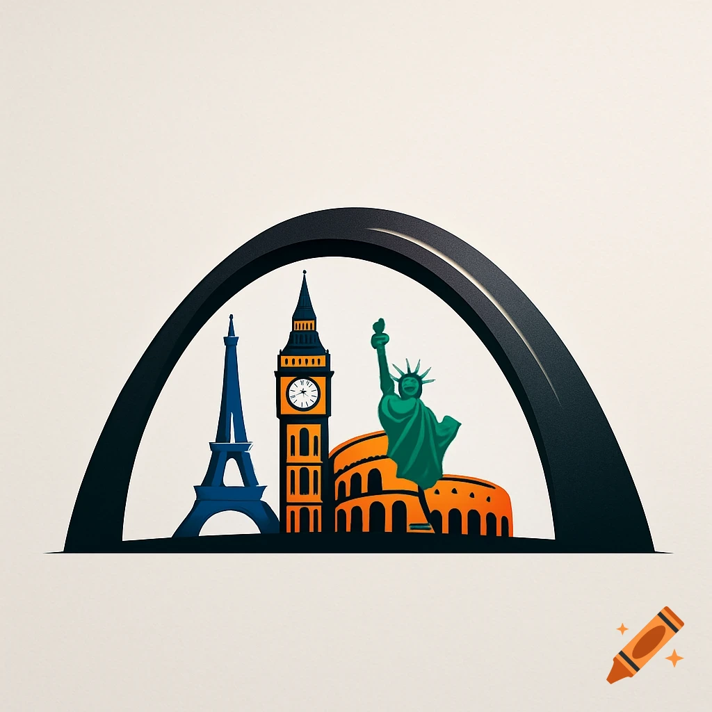 A stylized logo featuring the Eiffel Tower, Big Ben, Statue of Liberty, and Colosseum beneath a large arch.