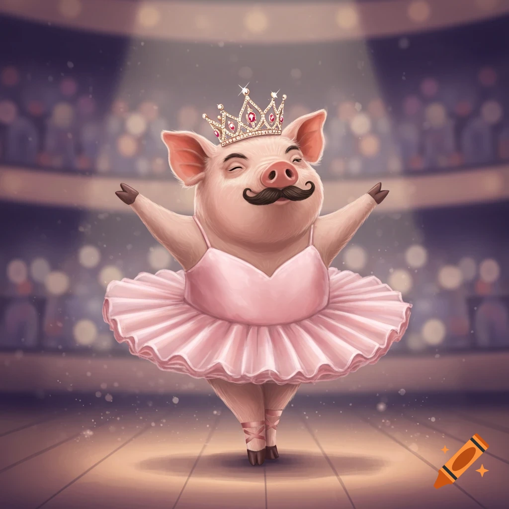 A cute pig with a mustache and princess crown dances ballet in a pink tutu on a spotlighted stage.