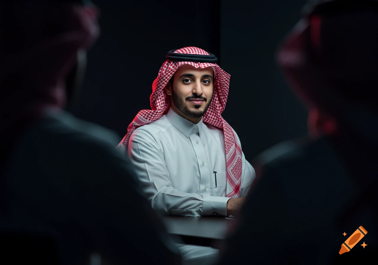 A smiling Saudi man in traditional attire sits at a table, framed by blurred figures, in a dark professional setting.