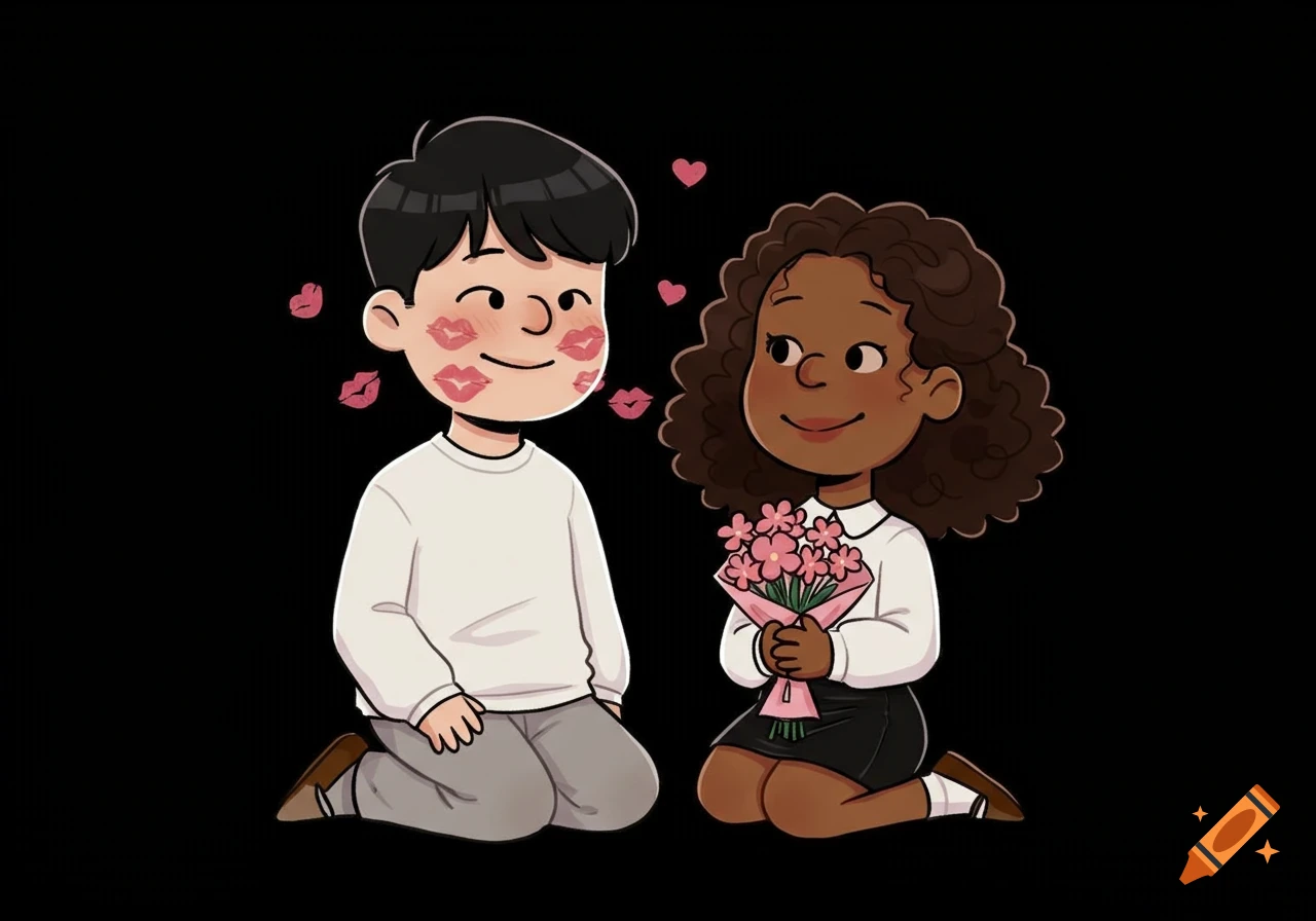 Cute cartoon illustration of a boy with kiss marks on his face and a girl holding flowers, on a black background.