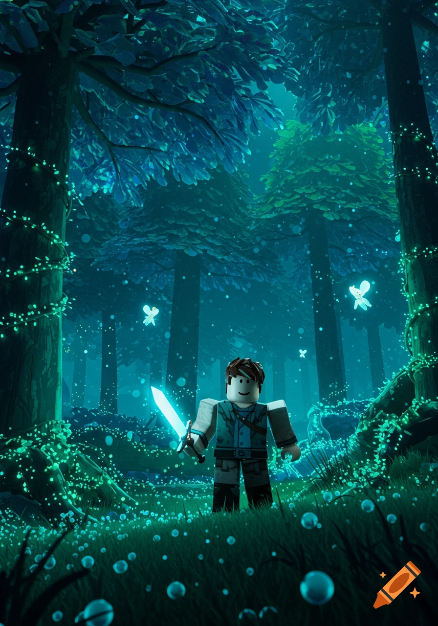 A blocky Roblox character with a glowing sword stands in a magical, bioluminescent forest with glowing plants and fairies.