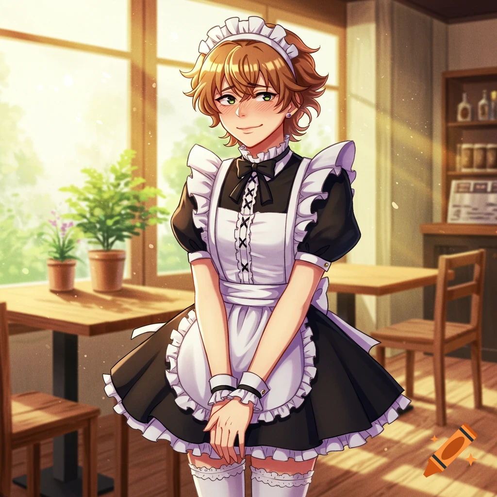 An anime-style young man with brown hair and green eyes, blushing in a black and white maid outfit in a sunny cafe.