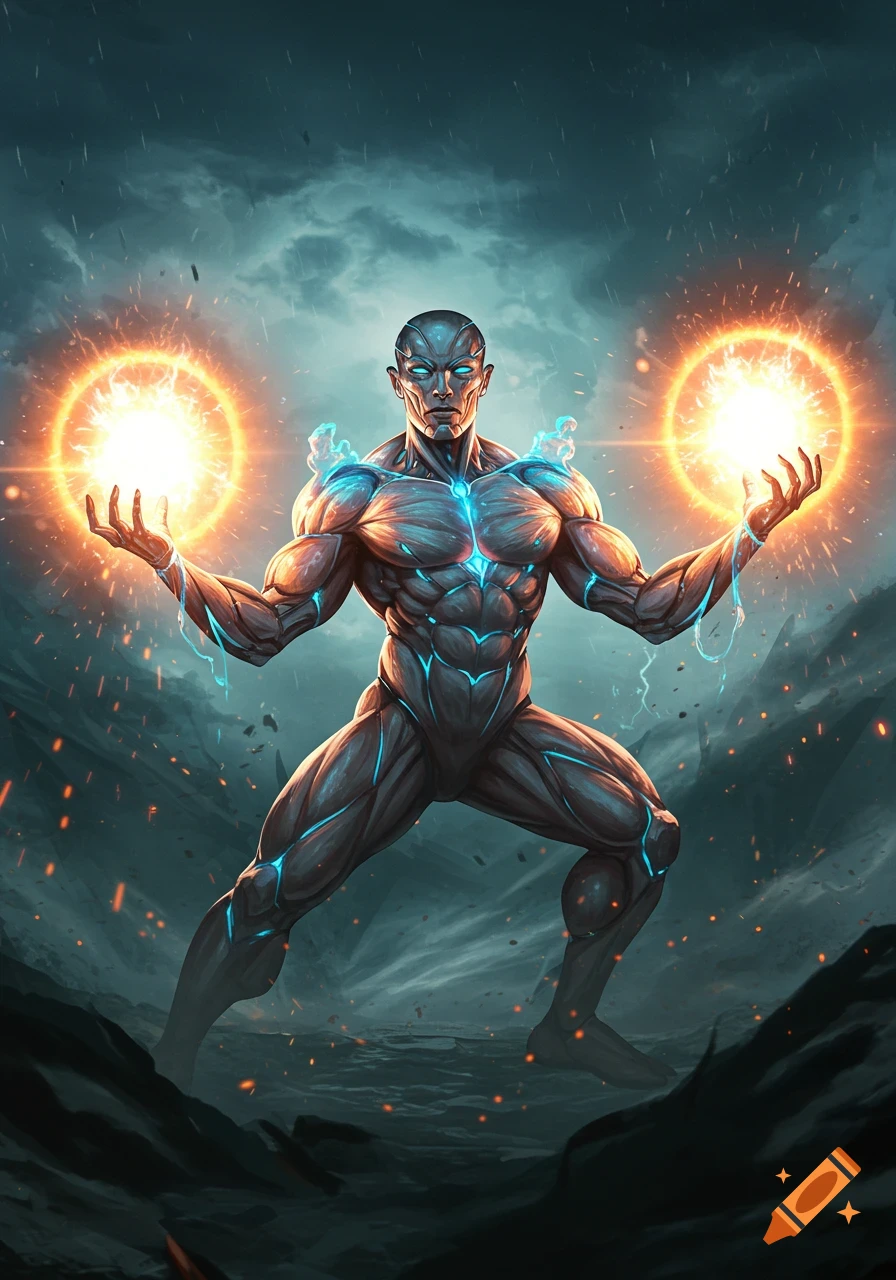 A powerful, muscular humanoid superhero stands with glowing orange energy orbs in its hands against a dark, stormy sky.