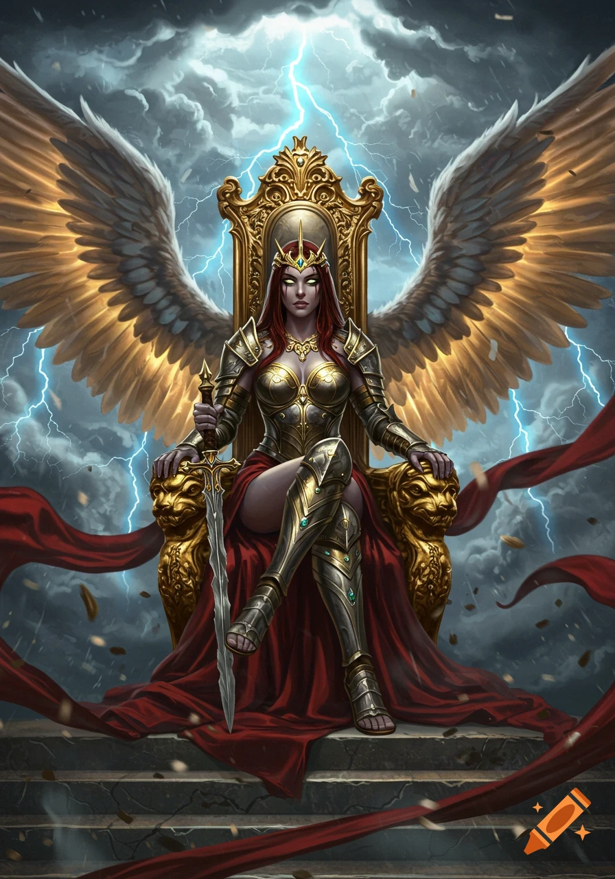An armored female angel with golden wings sits on a gilded throne, holding a sword, with lightning in a stormy sky.