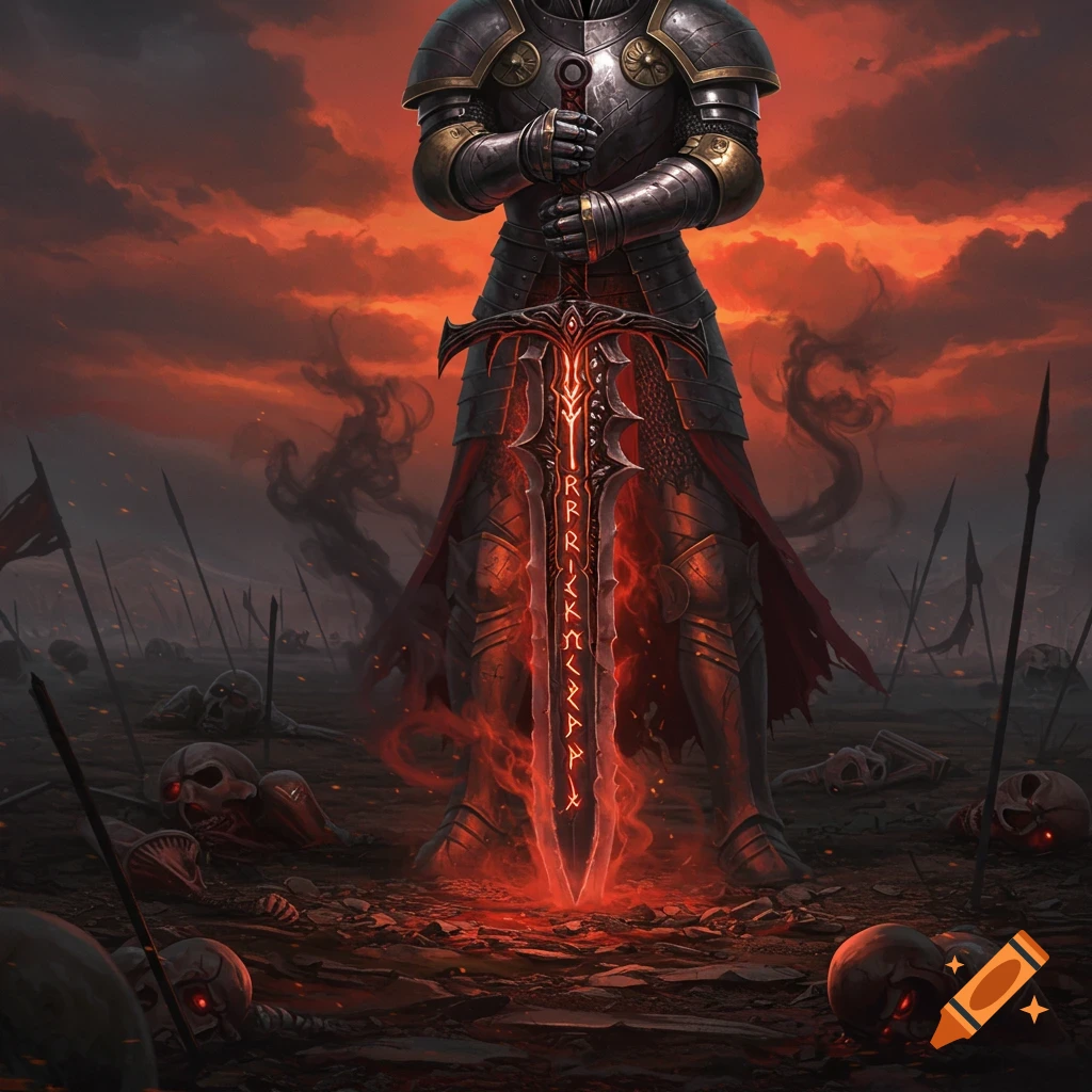 Heavily armored warrior holds a glowing, rune-inscribed sword on a skull-strewn battlefield under a fiery red sky.