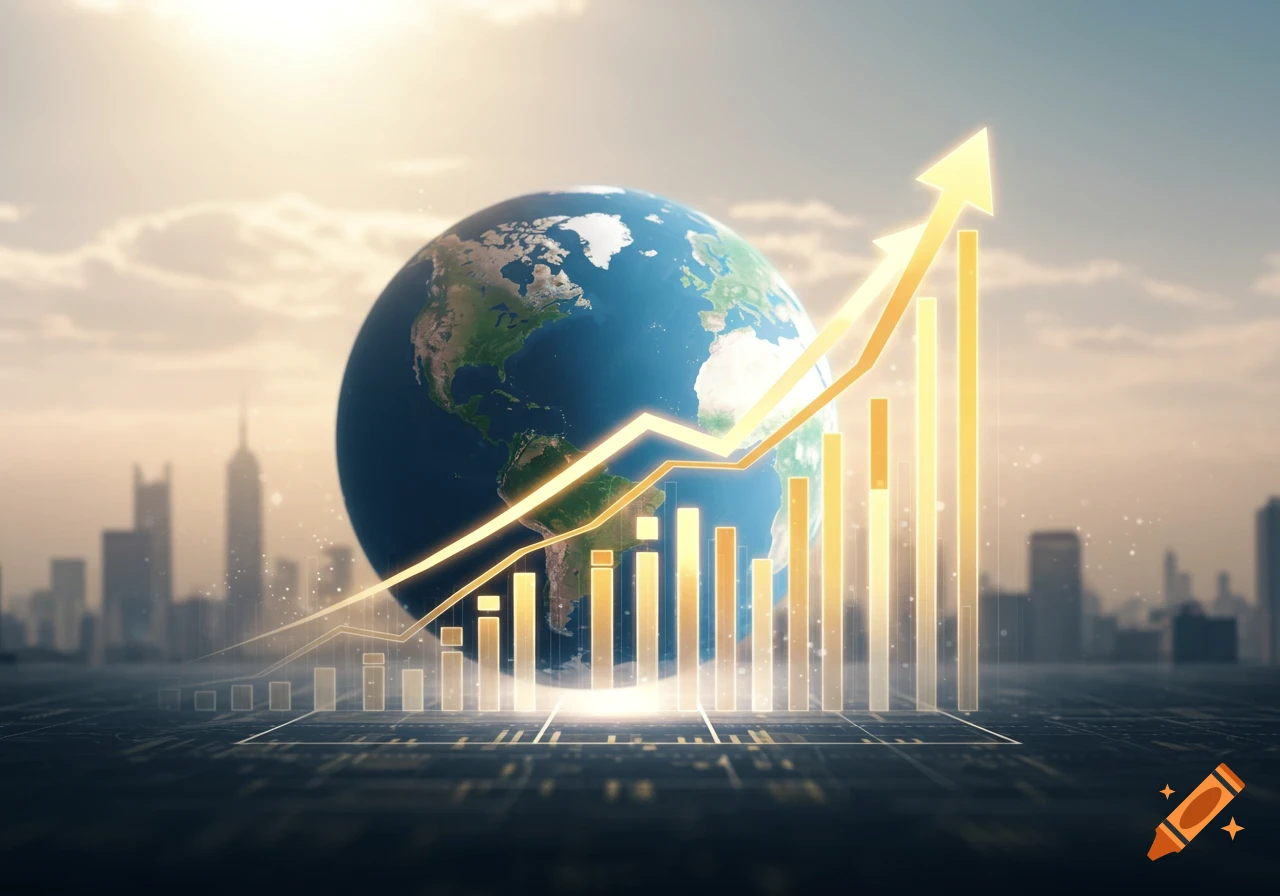 A glowing blue and green globe with a golden upward-trending bar chart and line graph in front of a hazy cityscape, digital ground patterns.
