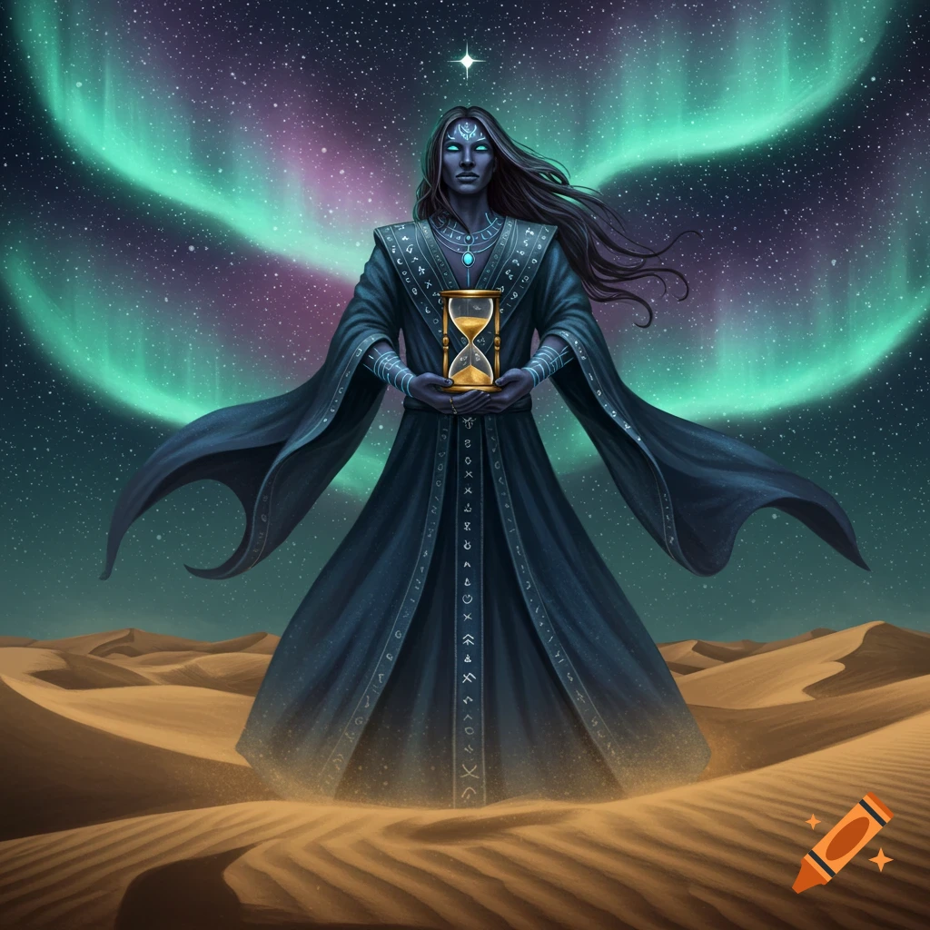 A dark-skinned mage in a flowing, patterned robe holds an hourglass in a desert under an aurora-lit night sky.