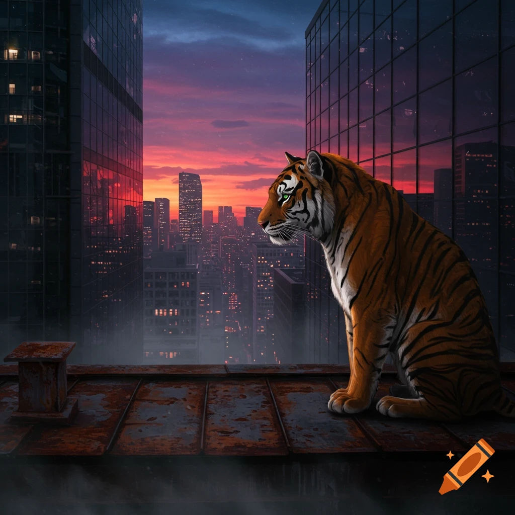 A green-eyed tiger sits on a rusty rooftop, looking over a sprawling city skyline at sunset with a dramatic red and purple sky.