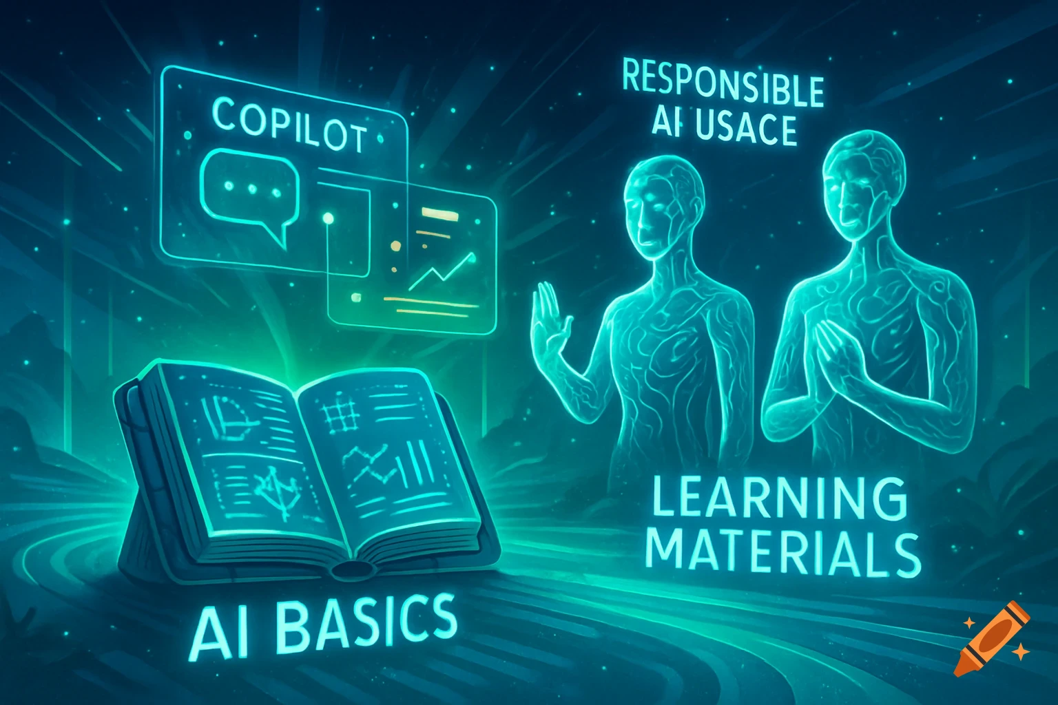 Glowing blue-green digital illustration showing an open book, a 'Copilot' panel, and two stylized humanoid figures, representing AI learning.