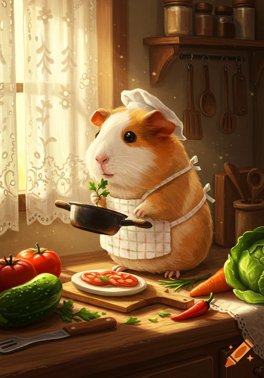A cute guinea pig chef in an apron and hat cooks on a wooden counter with vegetables in a whimsical illustration.