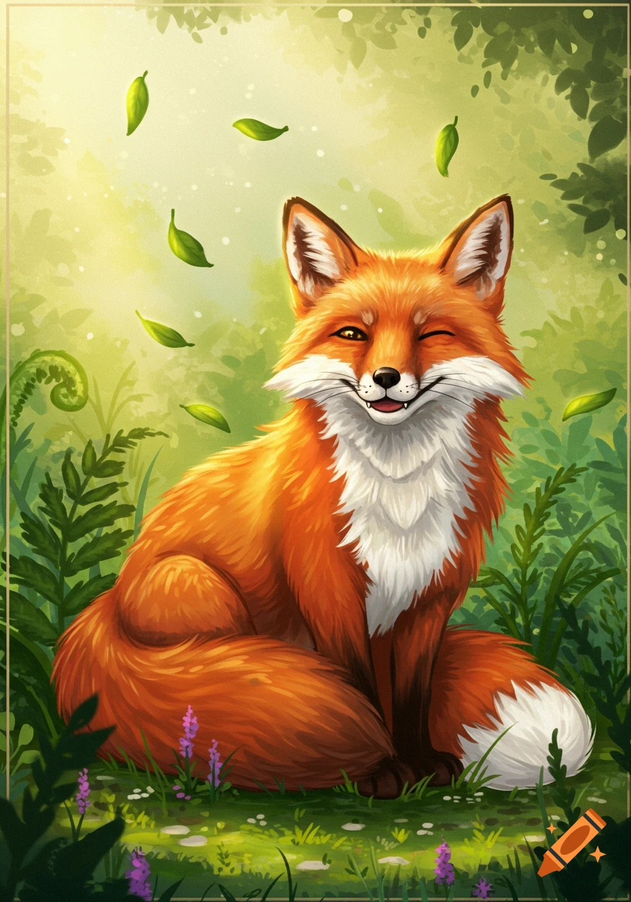 A charming cartoon fox winks and smiles in a lush green forest with falling leaves and purple flowers.